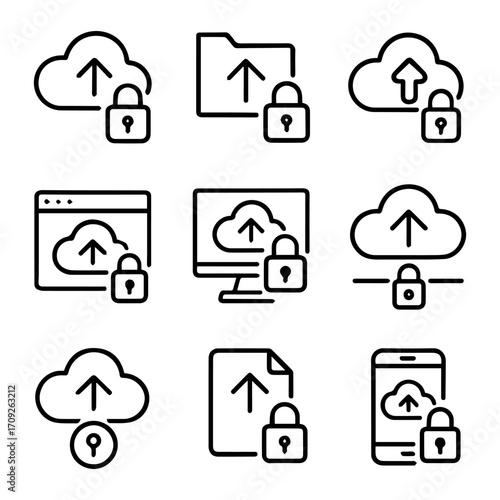 Secure Cloud Upload Icons Depicting Data Transfer and Protection.