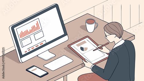 Isometric Illustration of Person Working at Desk with Computer and Tablet Showing Charts and Graphs.