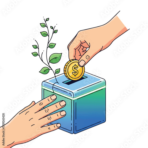 Illustration of a hand depositing a dollar coin into a blue-green piggy bank with a sprouting plant, against a clean white background.