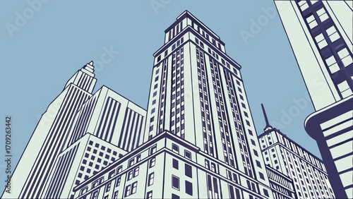 Low-angle view of stylized skyscrapers city architecture urban illustration building design.