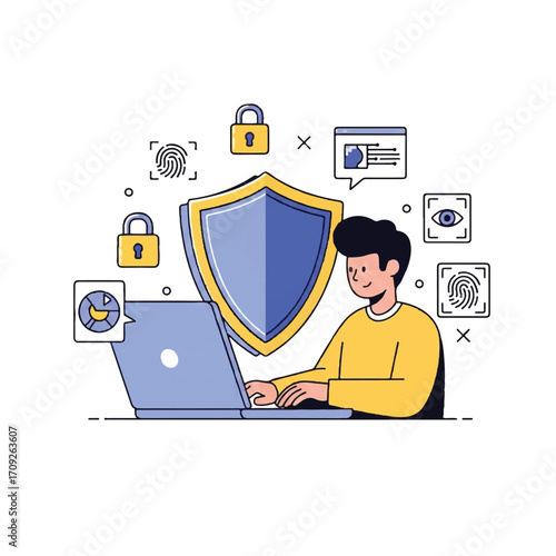 Flat illustration of a man working on a laptop with a large shield and various security icons surrounding him on a white background.