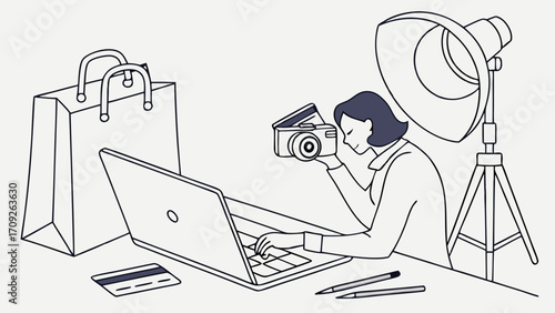 Online Photographer Working with Camera and Laptop E-commerce and Shopping Concept Illustration.