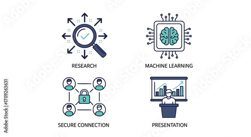 Vector illustration of illustration of research, machine learning, secure connection, and presentation, representing various aspects of technology