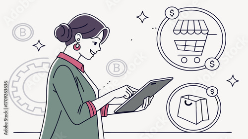 Online Shopping E-commerce Digital Tablet Woman Shopping Online Mobile Commerce Business Woman Shopping Cart Retail Online Purchase Digital Marketing E-business Internet Shopping Tech.