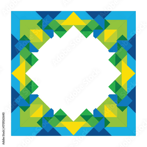 Geometric abstract design featuring a square frame with colorful triangular and diamond shapes.