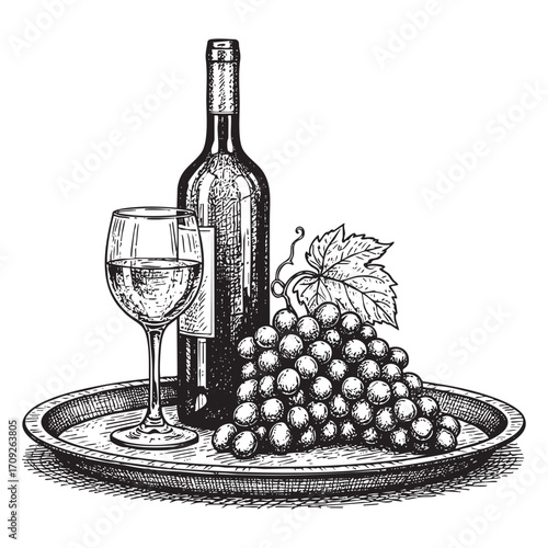 Bottle of Wine, Glass, and Grapes on a Tray