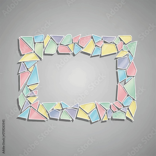 Abstract rectangular frame composed of colorful, irregularly shaped geometric pieces, creating a decorative border.