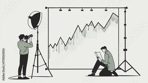 Photographer taking photo of person reviewing growth chart in studio.