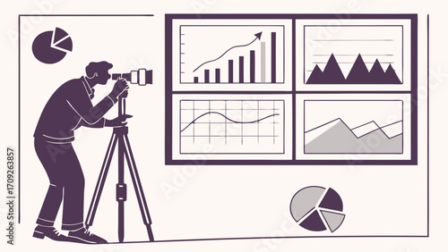 Photographer taking picture of graphs and charts on a wall business data visualization professional camera on tripod illustration graphic design marketing concept.