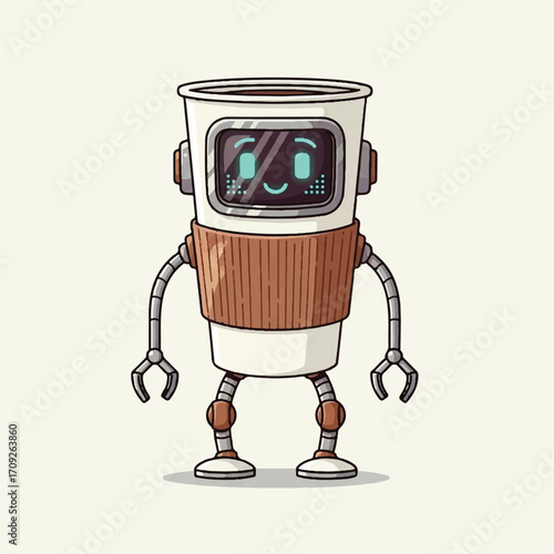 An adorable cartoon robot designed as a coffee cup with a friendly digital face.