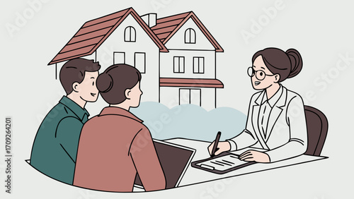 Real Estate Agent Consulting Couple About New Home Purchase or Mortgage.