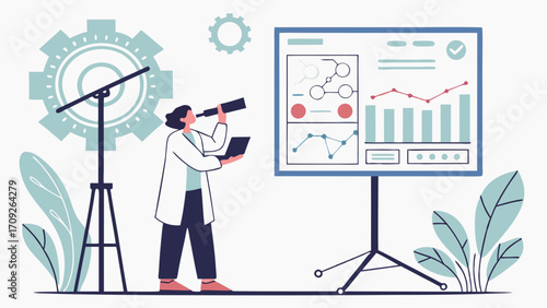 Scientist analyzing data with a telescope and laptop near a presentation board with charts and graphs.