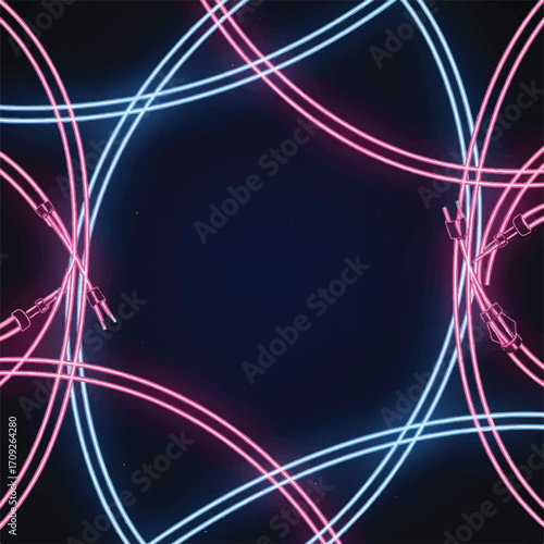 Abstract composition of intersecting neon circles in pink and blue against a dark background, creating a modern, geometric pattern.