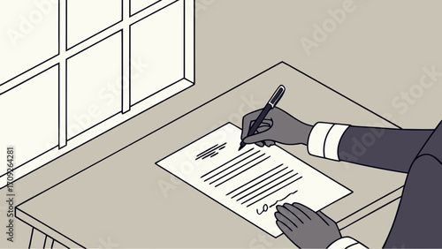 Signing a document at a desk near a window.