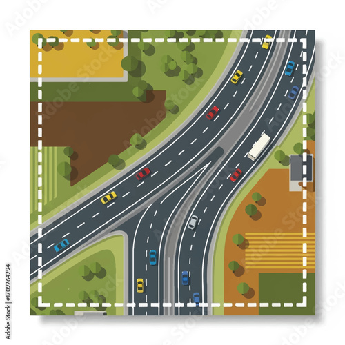 Overhead view of a highway intersection with surrounding farmland and residential areas.