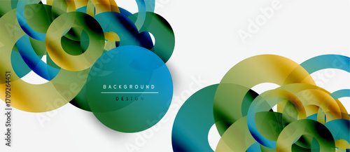 Abstract colorful overlapping circles create dynamic gradient background. Modern design elements suggest fluidity, innovation.