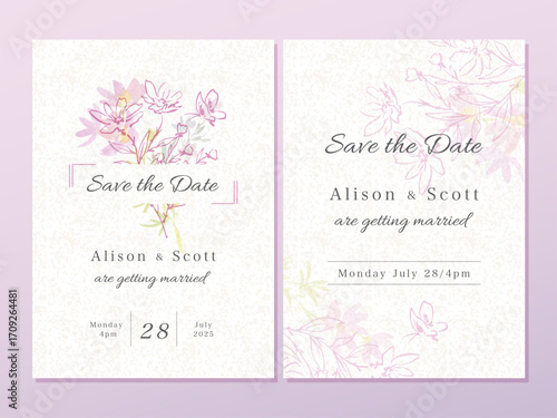 Wedding invitation card template set with minimal line art, abstract cosmos flowers, leaves and wild flowers painted in watercolor. Hand drawn vector card set with flowers for fall season.
