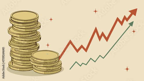 Stacks of coins with upward trending graph illustration financial growth investment wealth money success economy business.