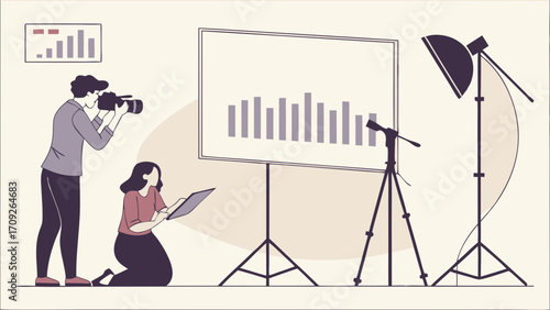 Studio Film Production Team Filming Data Presentation with Camera and Lighting Equipment.