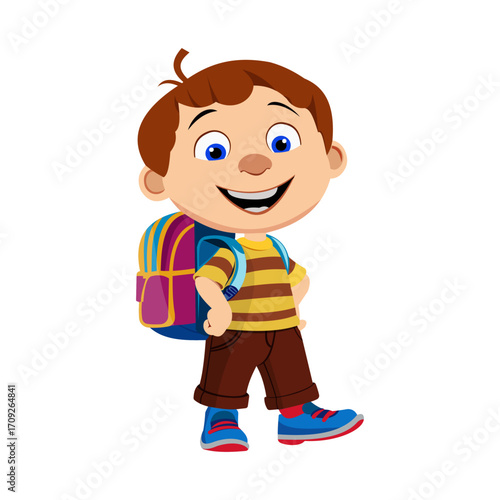 Cartoon illustration of a happy school boy with backpack smiling.