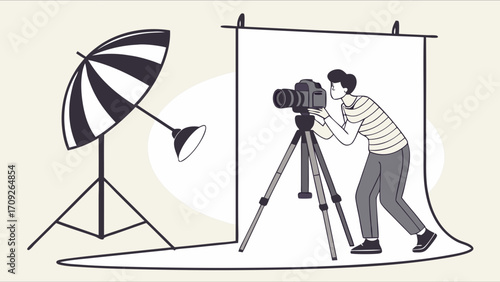 Studio Photographer with Camera on Tripod Lighting Equipment and Backdrop Illustration.