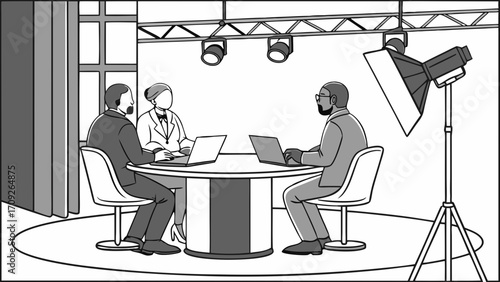 Studio Interview Three People Discussion News Broadcast Television Production Business Meeting Laptop Computers Round Table Professional Setting Lighting Equipment Film Set Talk Show N.