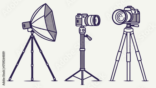 Studio Photography Equipment Set Cameras on Tripods Lighting Photo Gear Illustration Graphic Design.