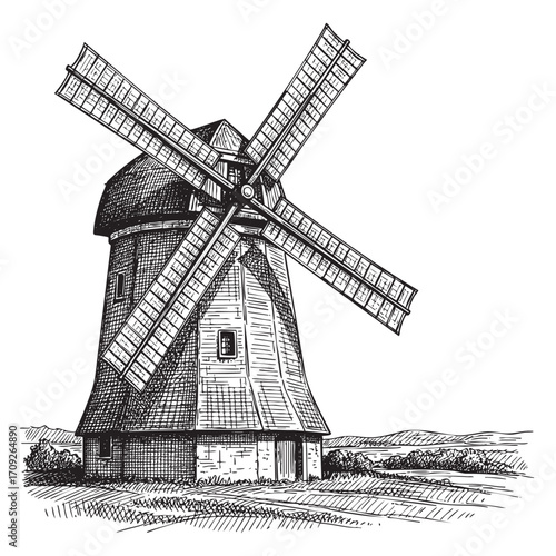 Rural Windmill Hand-Drawn Sketch