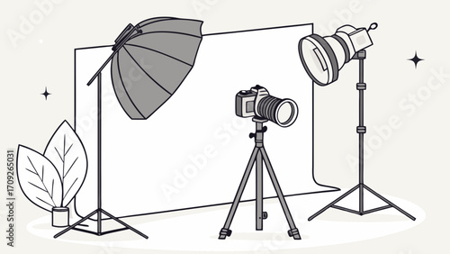 Studio Photography Setup Camera Lights and Backdrop Illustration.