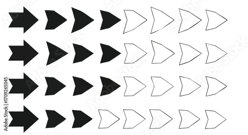 Dynamic progression of black to white arrows shows forward movement, data flow, and strategic direction.
