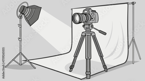 Studio Photography Setup DSLR Camera on Tripod with Lighting and Backdrop.