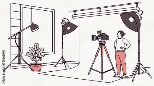 Studio Photography Setup with Camera on Tripod and Lighting Equipment.