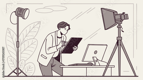 Studio Photography Setup Person Working with Tablet and Computer Professional Lighting Equipment.