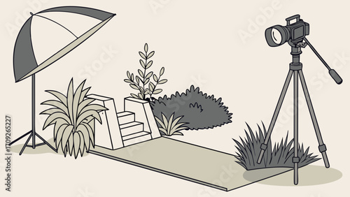 Studio Setup with Camera on Tripod Lighting and Plants for Photography or Videography.