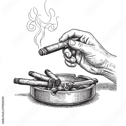 Hand Holding a Lit Cigar Over an Ashtray Hand-Drawn