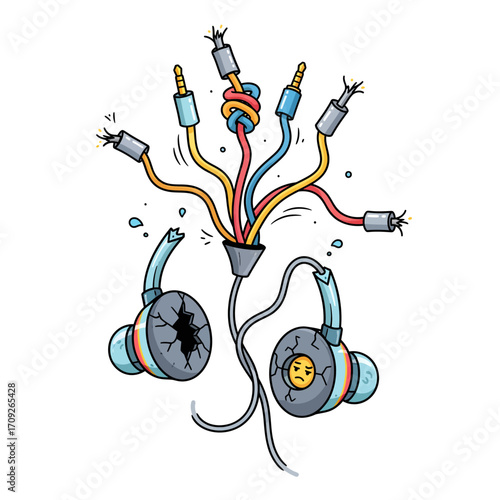Cartoon style vector illustration of wired headphones tangled with multiple audio cables.