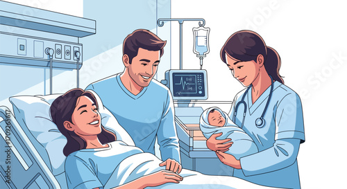 Adobe illustrator artwork vector illustration. A doctor hands a newborn baby to a smiling mother and father in a hospital room