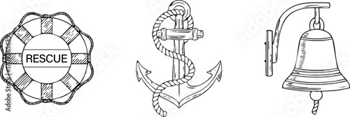 Nautical rescue icons row with lifebuoy anchor and bell