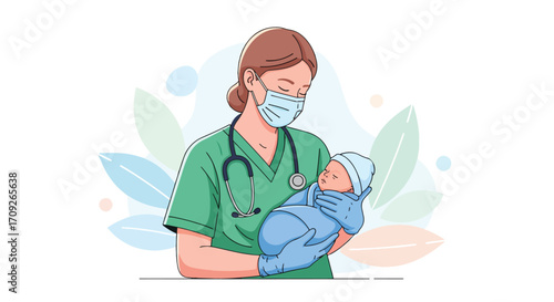 Adobe illustrator artwork vector illustration. A masked doctor or nurse wearing a stethoscope and gloves holds a sleeping newborn baby, surrounded by soft foliage