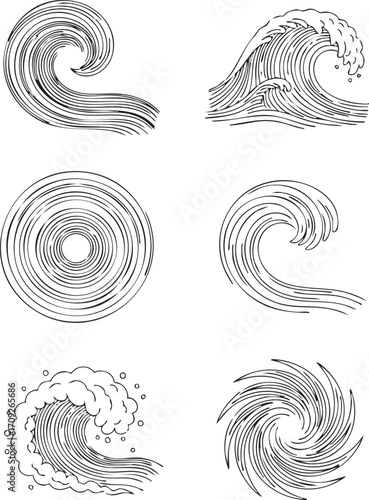 Set of swirling wave and whirlpool motifs in ink