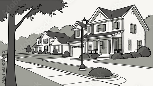 Suburban street scene residential houses neighborhood illustration homes houses landscape trees streetlight driveway sidewalk residential area architecture home design house exterior.