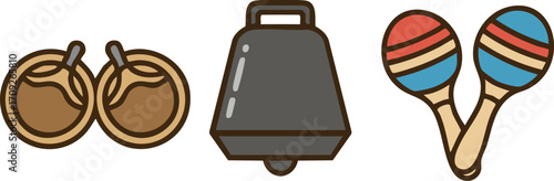 Percussion strip with castanets cowbell and maracas