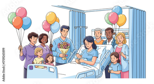 Adobe illustrator artwork vector illustration. A joyful family celebrates a newborn baby with balloons and flowers at the mother's hospital bedside