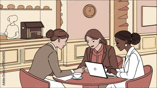 Three Businesswomen Meeting at Cafe Using Laptop and Discussing Project.
