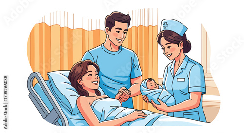 Adobe illustrator artwork vector illustration. A caring nurse hands a swaddled newborn baby to the smiling new parents at a hospital bedside