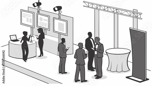 Trade Show Booth Business Conference Networking Event Exhibition Stand Design Corporate Meeting Professional Gathering People in Suits Information Displays Presentation Panels Modern Exp.