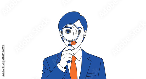 Focused professional examining details with magnifying glass, seeking insights and clarity in business