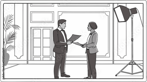 Two businesspeople exchanging documents in a studio setting.