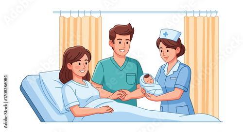 Adobe illustrator artwork vector illustration. A caring nurse hands a swaddled newborn baby to the smiling new parents at a hospital bedside