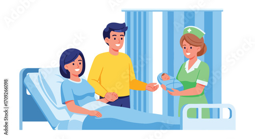 Adobe illustrator artwork vector illustration. A caring nurse hands a swaddled newborn baby to the smiling new parents at a hospital bedside